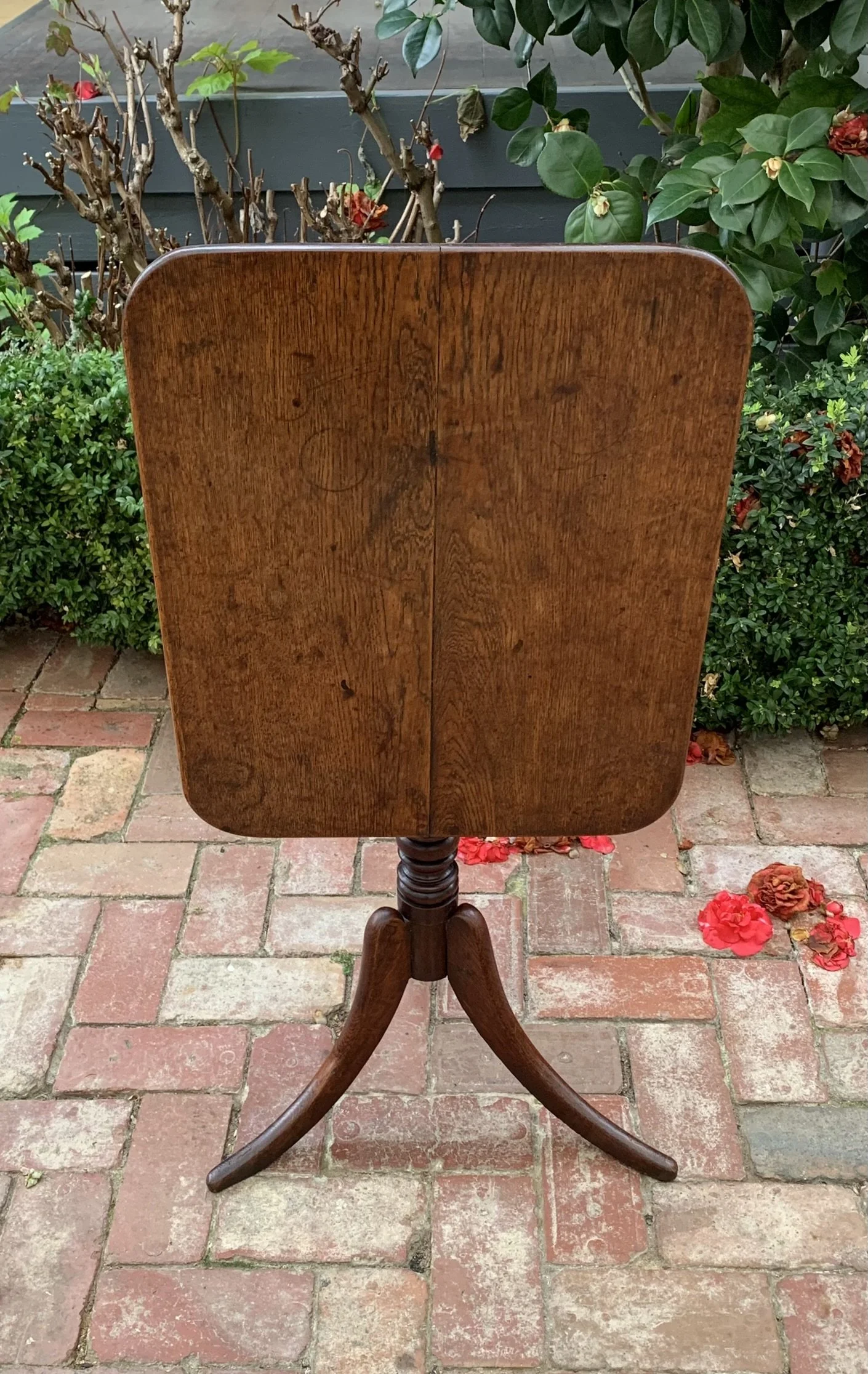 Antique oak wine table tilt-top, tilted position showing two-plank top and colour