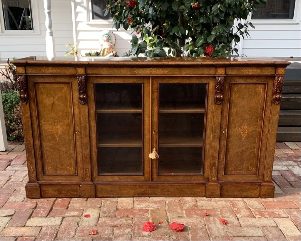 Antique burr walnut dwarf bookcase front view, Victorian c.1860-80, satinwood marquetry inlay and panelled cupboard doors