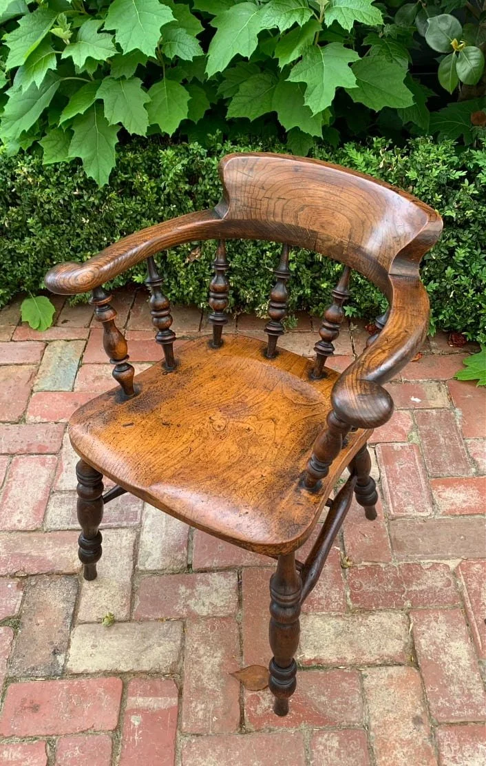Antique 19th Century Elm Smokers Bow Chair, Victorian Captain’s Desk Chair with Turned Spindle Back and Saddle Seat