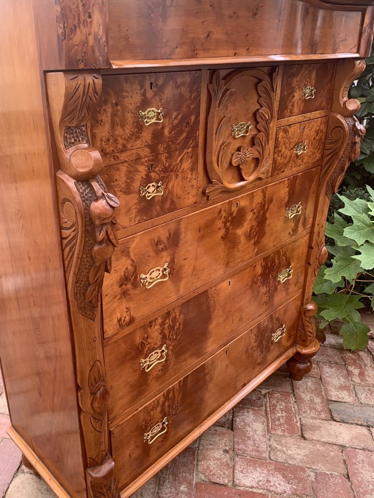 Huon pine chest of drawers c.1860 birdseye burr veneer carved column detail