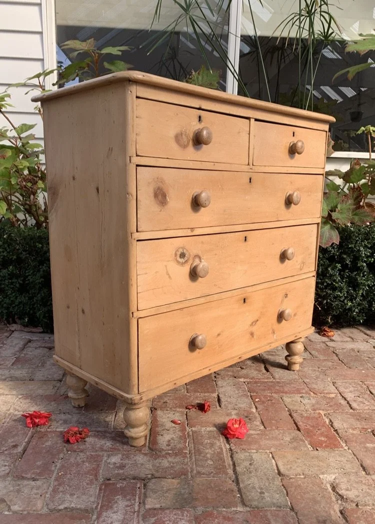 Antique Victorian pine chest of drawers front angle pale honey pine bun feet
