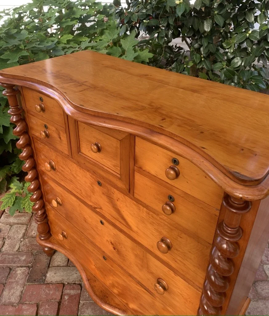 Top view moulded serpentine top Huon pine Colonial chest barley-twist columns antique Tasmania