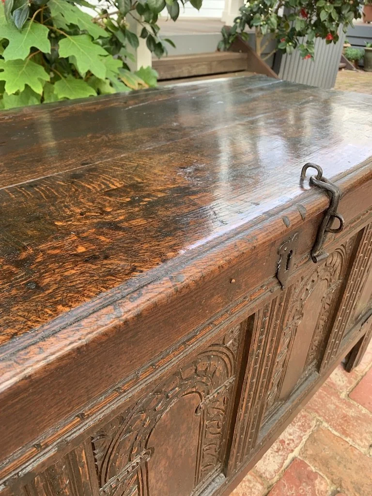 English oak coffer lid detail two-plank moulded edge iron snipe-bill hasp c.1660 dark honey patina