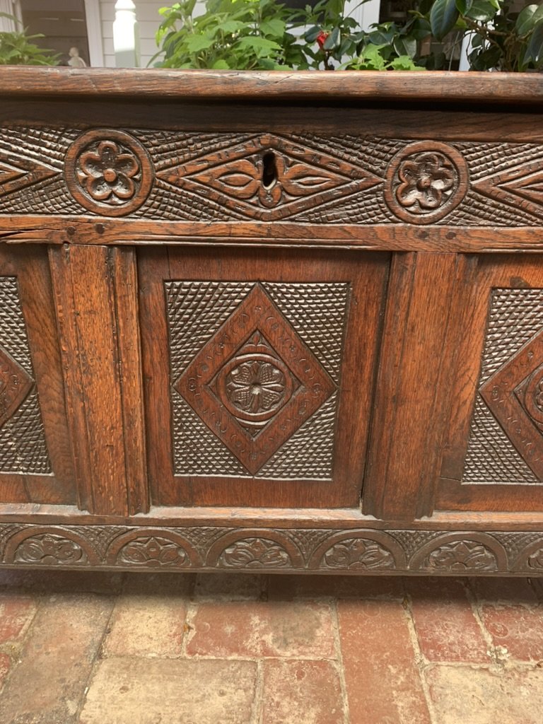 Carved Oak Coffer Detail C.1680-1720, Rosette and Lozenge Carving, Lattice Ground, Antique 17th Century Joined Chest
