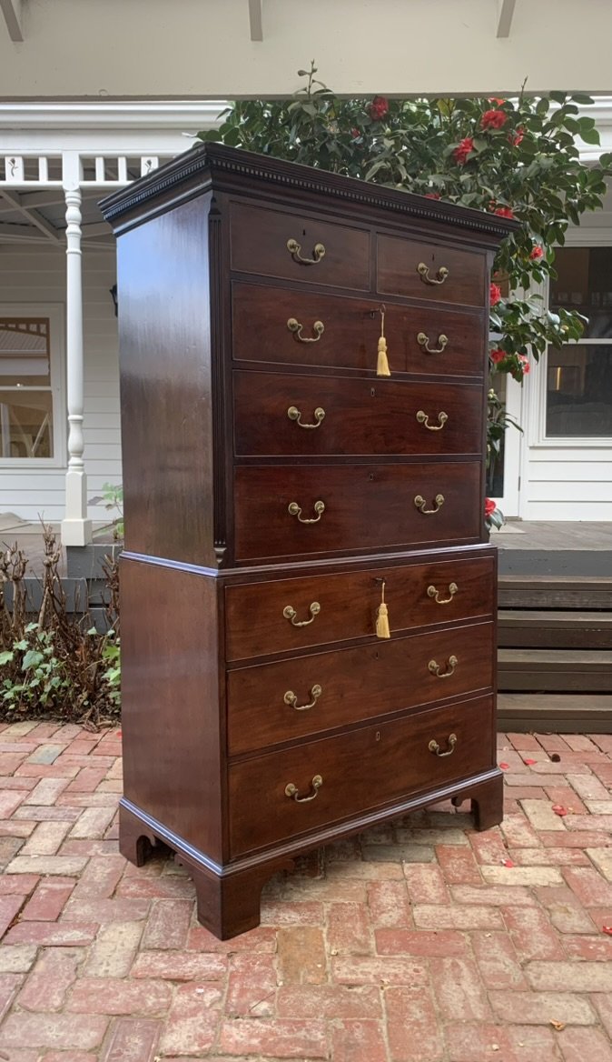 George III mahogany chest on chest C.1780, side angle, fluted corners
