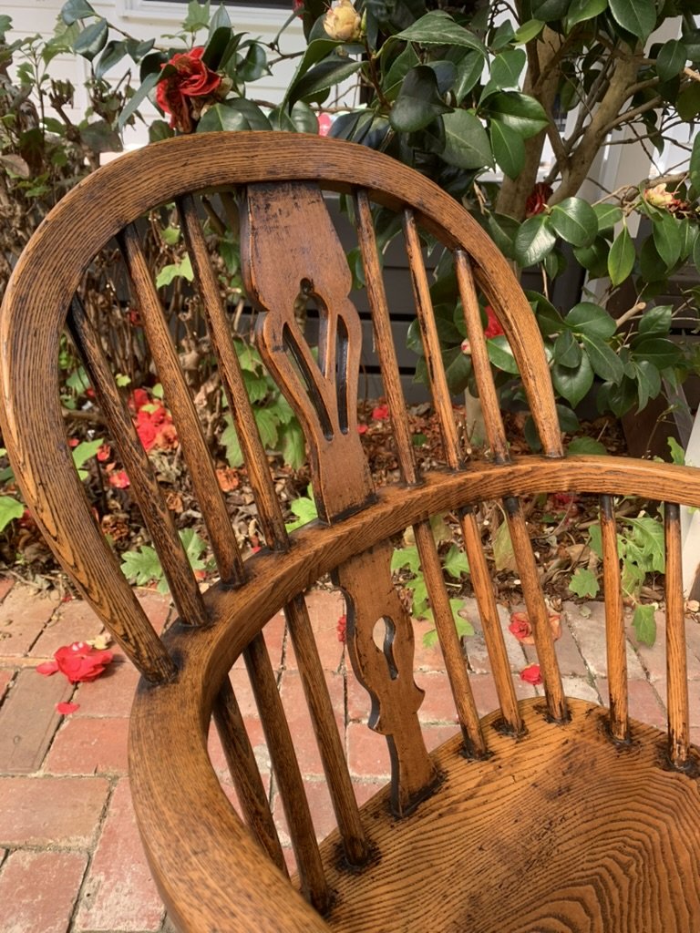 Antique elm ash Windsor armchair pierced splat and hoop back C.1850