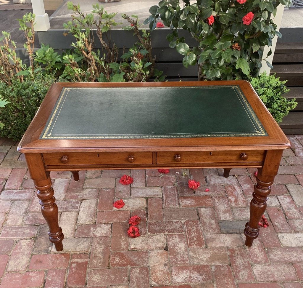 Antique cedar writing desk with twin frieze drawers, turned baluster legs and tooled leather top, Australian Victorian c.1860-1880