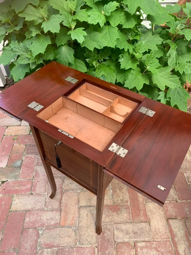 Antique drinks cabinet C.1900, lifting flap top with fitted lined compartments, Sheraton revival mahogany, Edwardian