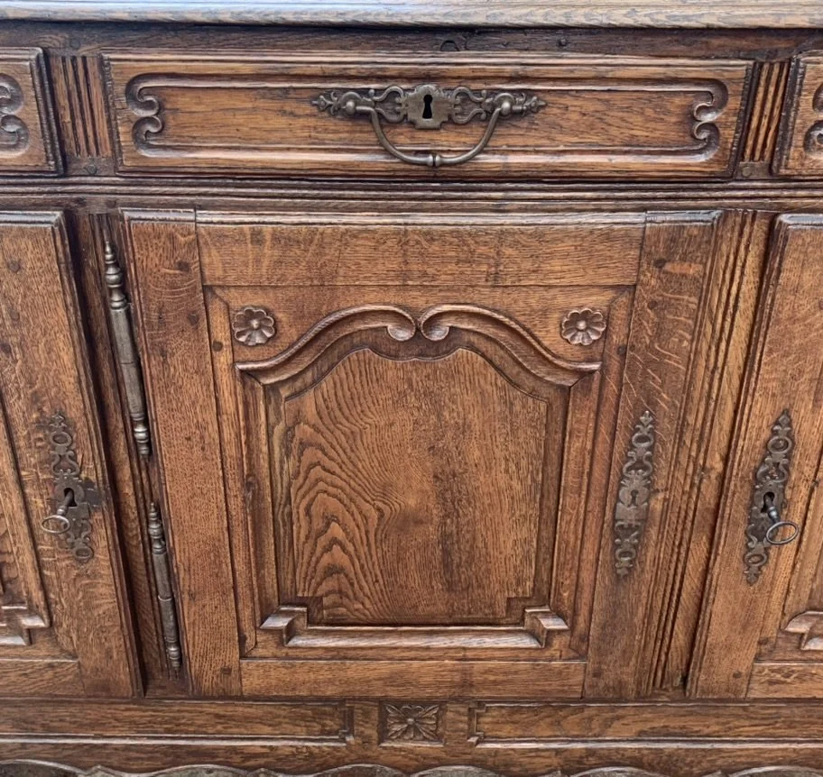 Hand-carved rocaille cartouche and rosette detail on French oak enfilade door panel, c.1750