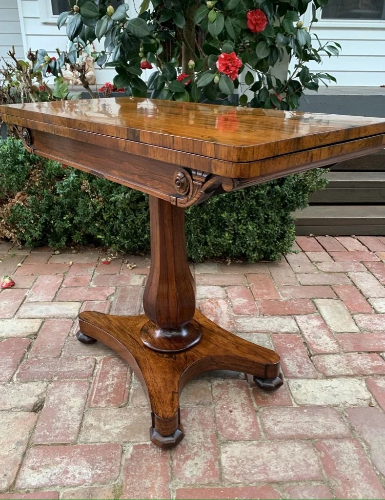 close up angled view of william iv rosewood card table