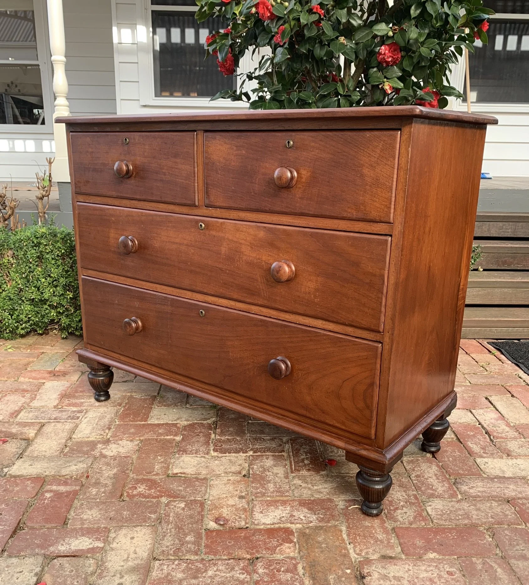 19th century cedar chest of drawers angled view, Australian colonial antique furniture with panelled sides