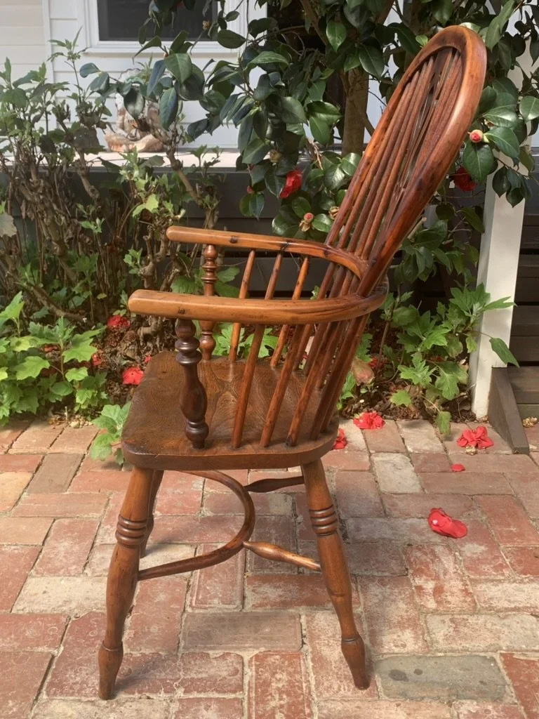 English yew Windsor armchair side profile, high hoop back, elm seat, circa 1840 antique chair