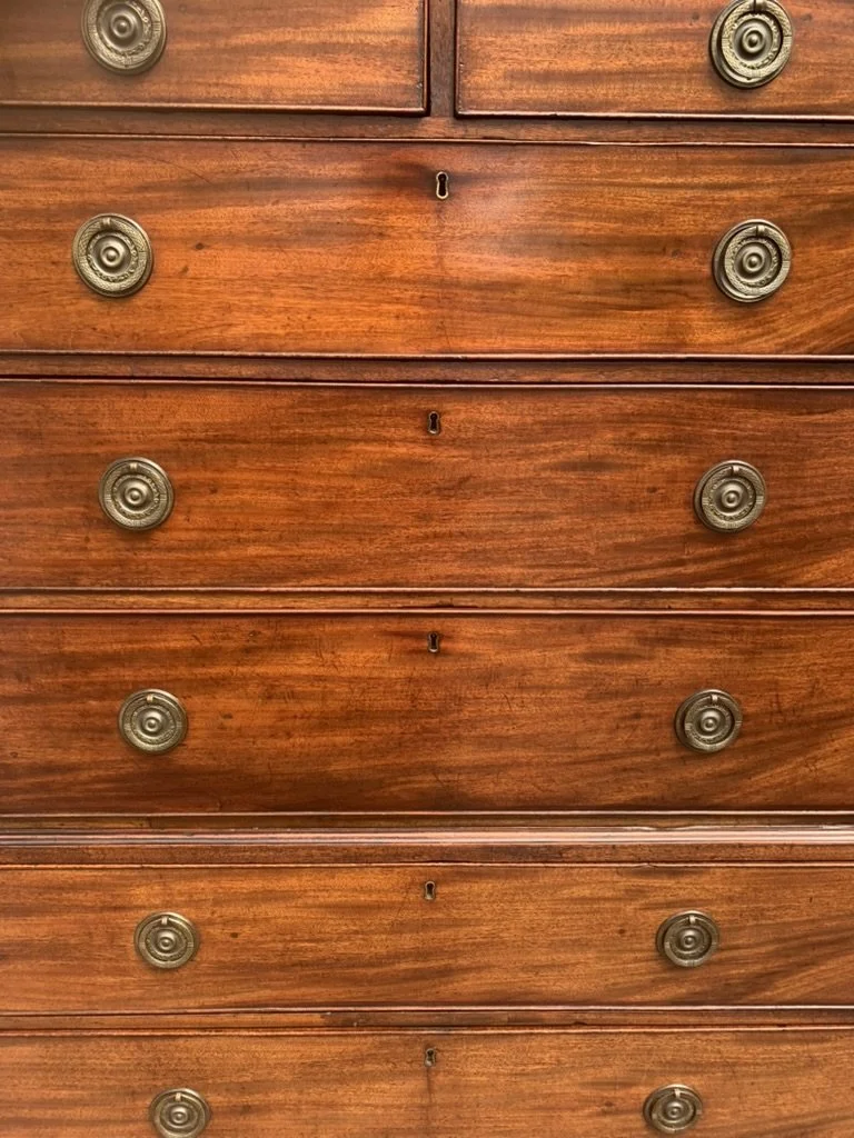 Antique mahogany chest on chest, Georgian C.1790-1810, graduated cockbeaded drawers with brass handles and locks