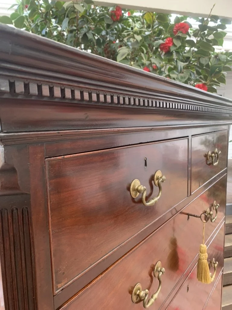 Dentil moulded cornice detail, antique English mahogany tall chest of drawers