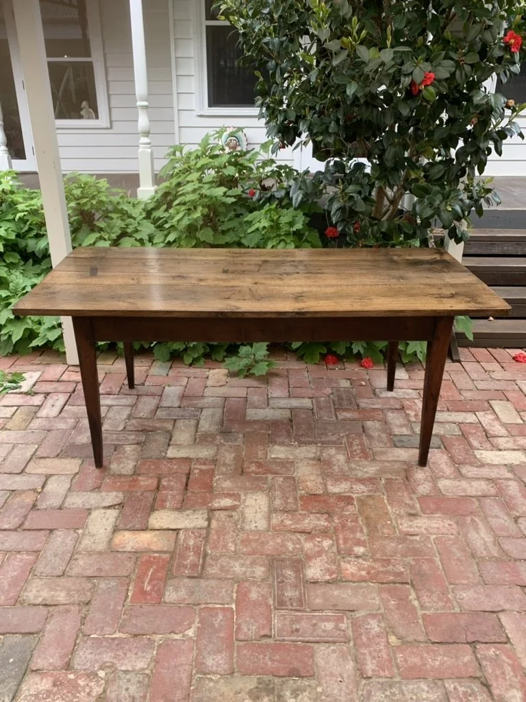 Antique French Fruitwood Farmhouse Dining Table C.1840-1880, Seats 6-8, Tapered Square Legs and Oak Top