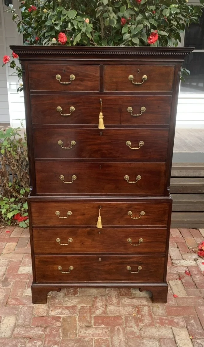 Antique mahogany tallboy C.1780 with fluted canted corners, straight-on view