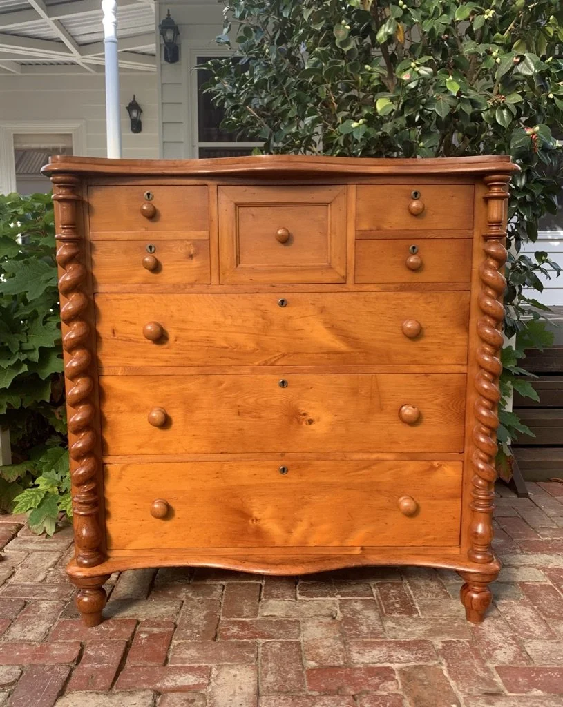 Huon pine Colonial chest of drawers full front view seven drawers turned knob handles Tasmania c.1880