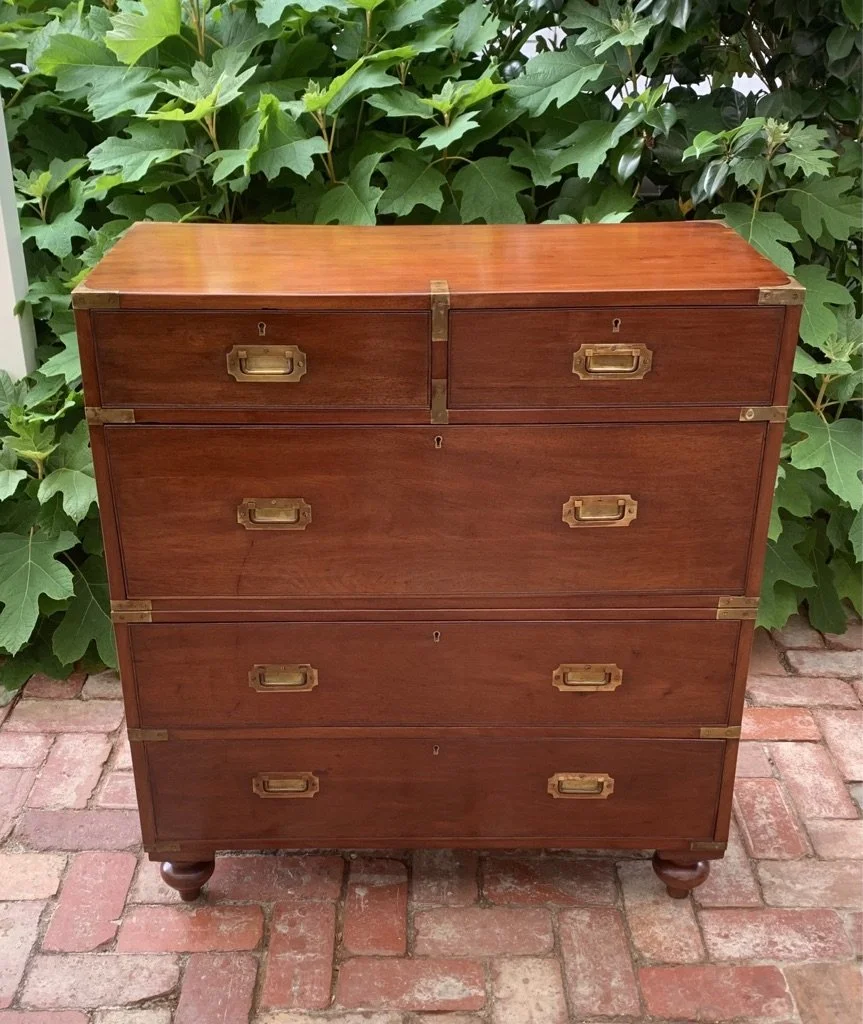 Antique mahogany campaign chest brass flush-pull handles recessed hardware Victorian c.1890 front elevation