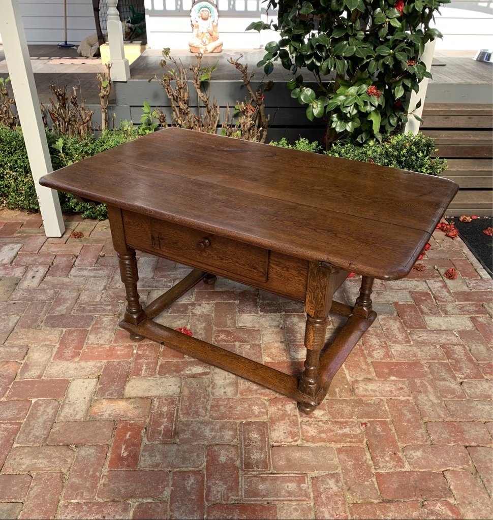 French Oak Tavern Table with single drawer, turned legs and box stretcher