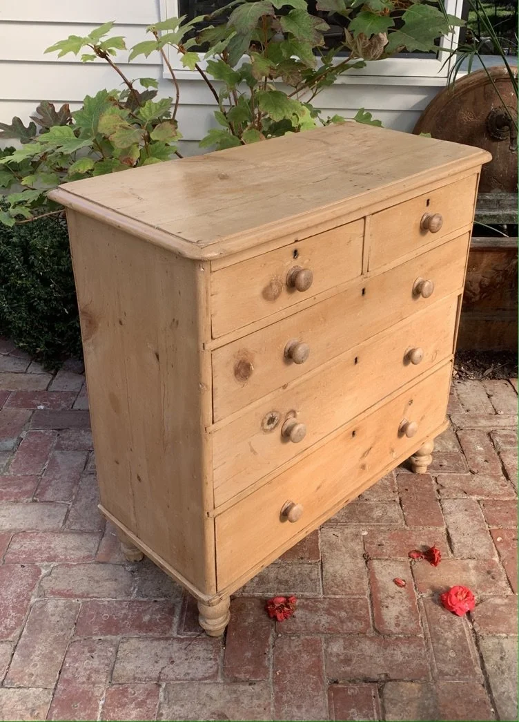 19th century pine chest of drawers three-quarter view turned wooden knobs original hardware