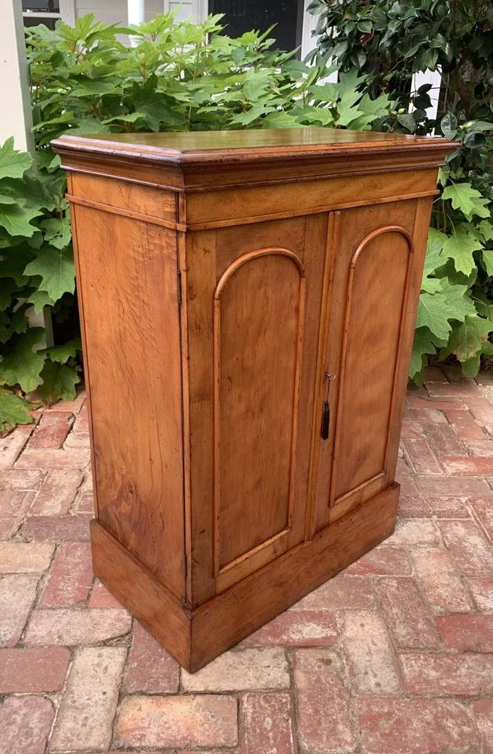 Victorian cedar collector's cabinet closed, arched panelled doors with working lock and key tassel, 19th century