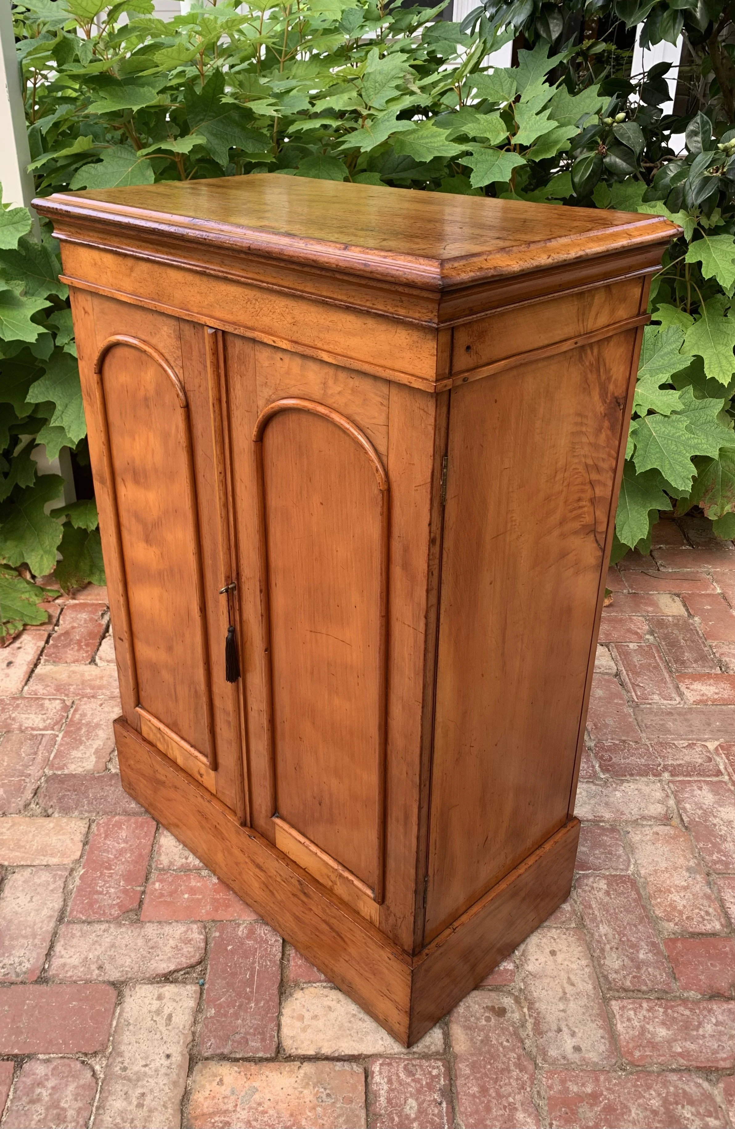 Angled view of 19th century antique cedar and satin walnut collector's cabinet with doors closed