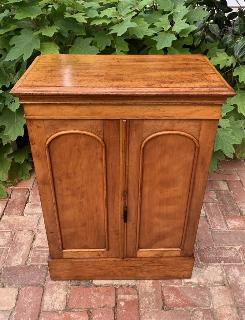 Victorian cedar satin walnut two-door collector's cabinet closed, arched panels, plinth base, 19th century