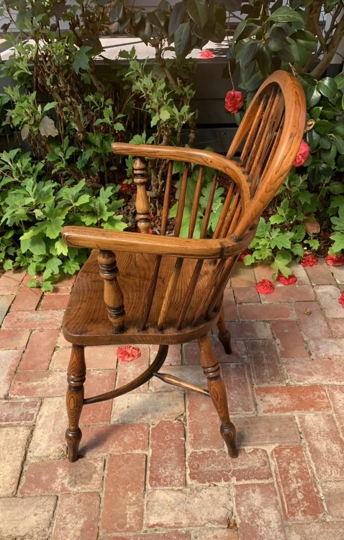 English Elm Windsor Armchair Side View, C.1850, Hoop Back, Turned Legs and Crinoline Stretcher