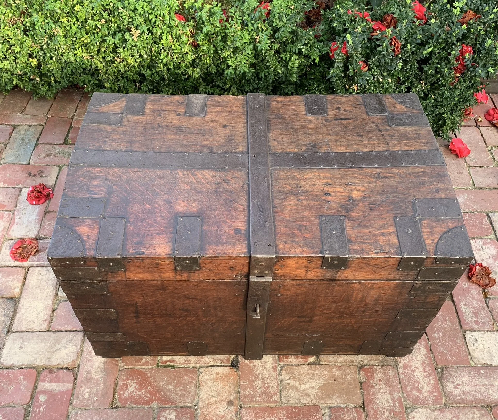 Top View 19th Century Oak Silver Chest - Cross-Strapped Iron Banding with Rivets