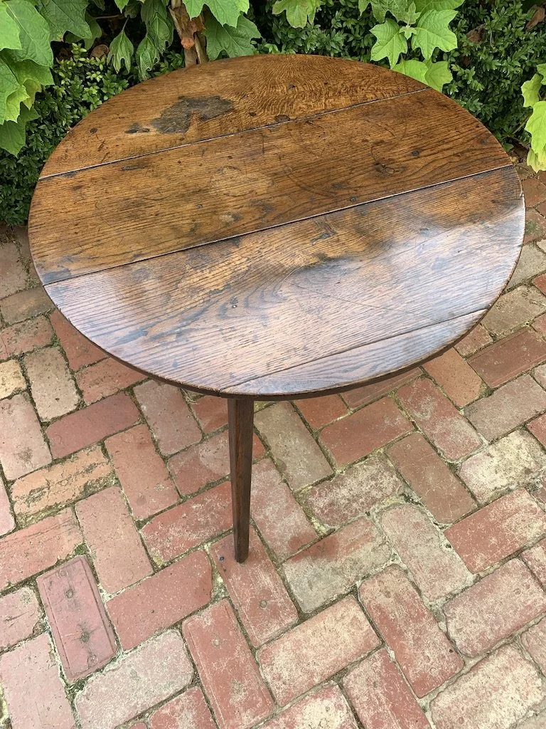 English oak cricket table c.1780 overhead view three-board oval top original patination