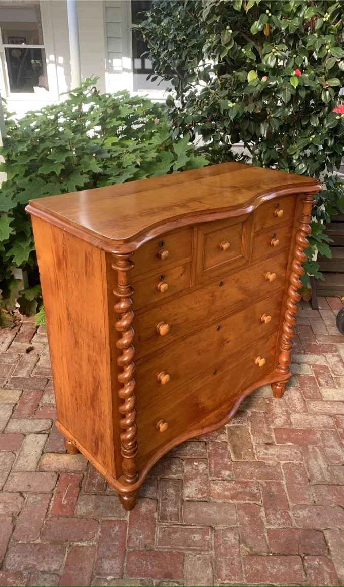 Australian Colonial chest of drawers Huon pine serpentine front barley-twist columns bun feet