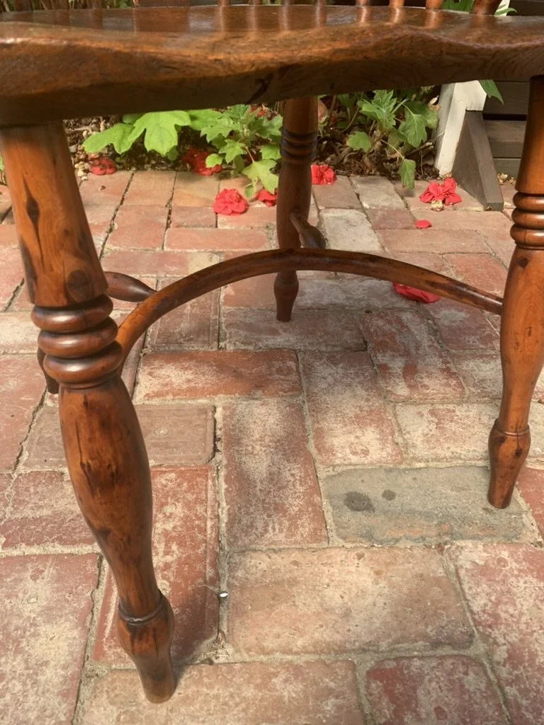 Antique Windsor armchair crinoline stretcher and turned yew legs, English C.1840 elbow chair
