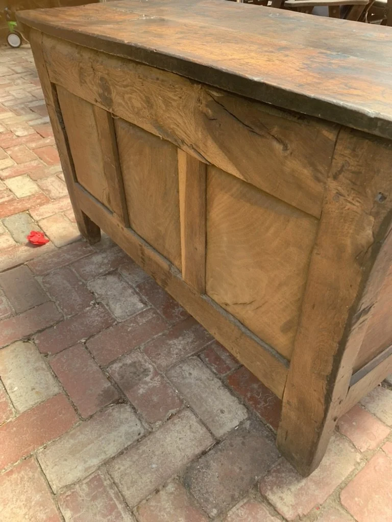 Antique Oak Coffer C.1680-1720, Panelled Back, Overhanging Plank Top, Wooden Pivot Hinge Construction, Joined Oak Chest