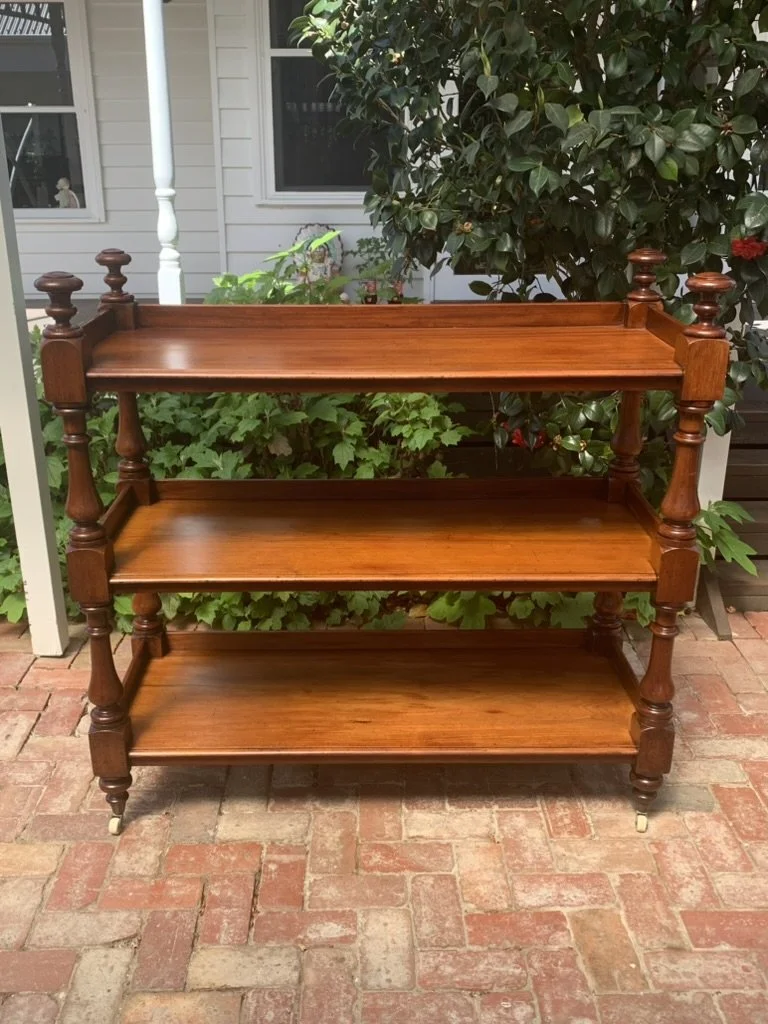 Large Australian Colonial cedar buffet dumb waiter C.1870, three open shelves, original ceramic castors, Victorian servery