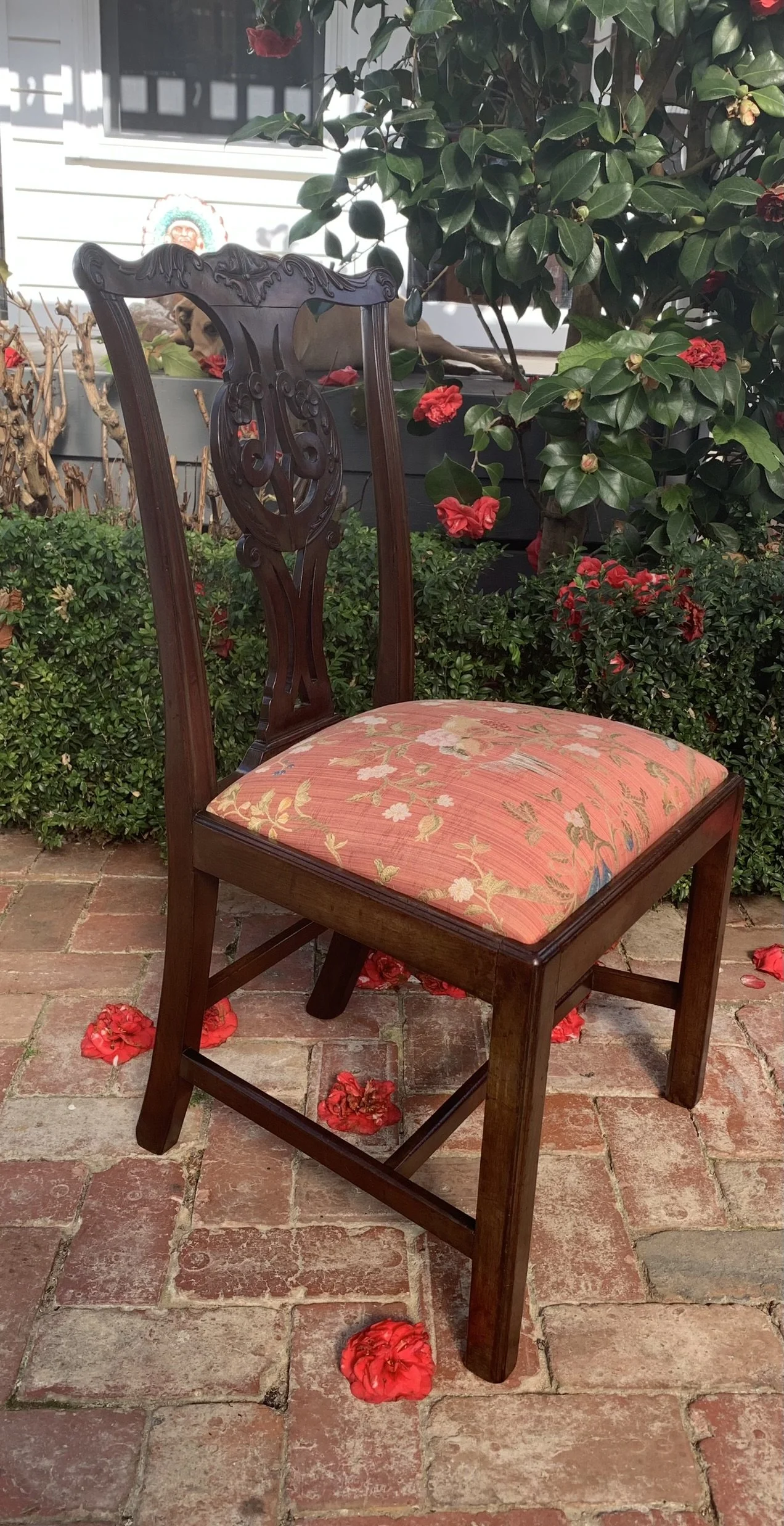 Antique Georgian Chippendale mahogany side chair with chinoiserie floral drop-in seat, England