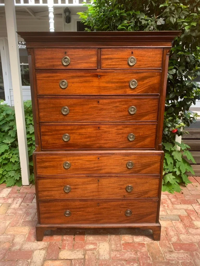 Georgian mahogany chest on chest C.1790-1810, antique tallboy with eight drawers and bracket feet, tall chest of drawers