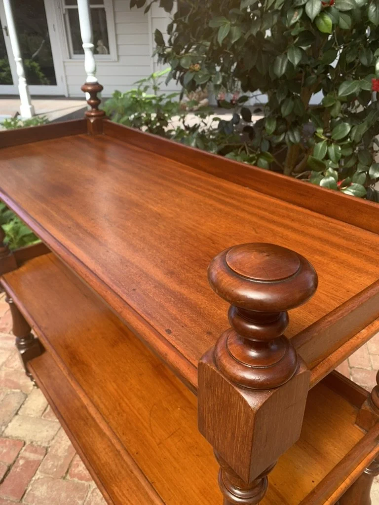Turned gallery corner post and finial, Victorian cedar dumb waiter C.1870, Australian Colonial antique three-tier buffet stand