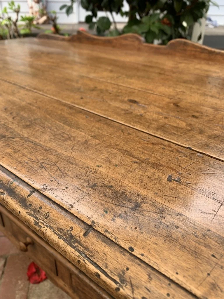 Detail of French cherrywood dough bin top, c.1840, weathered surface with rustic farmhouse patina