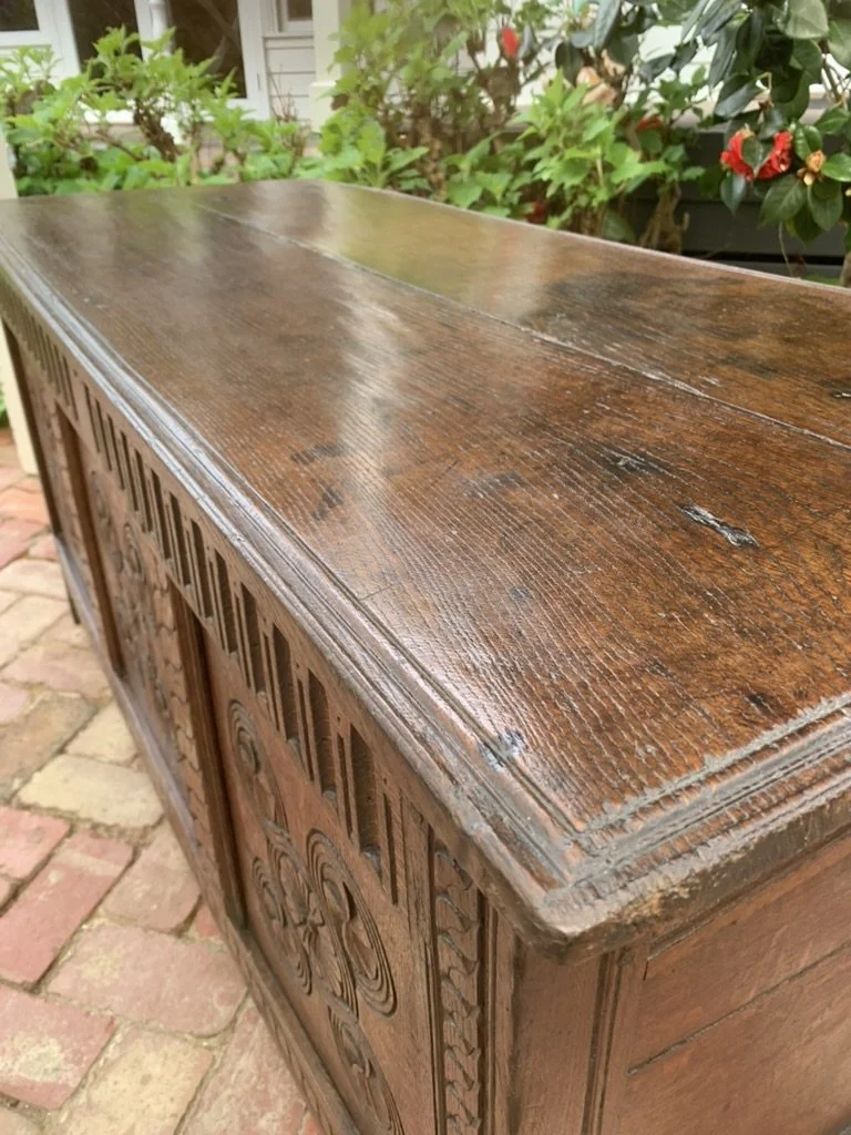 Moulded two plank top on antique oak coffer C.1680-1720, early English oak chest with lid edge moulding, waxed patina