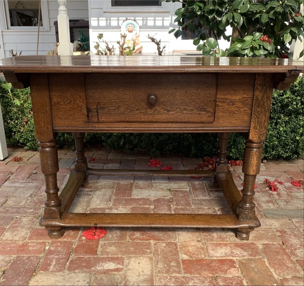 French Oak Tavern Table with single drawer, turned legs and box stretcher