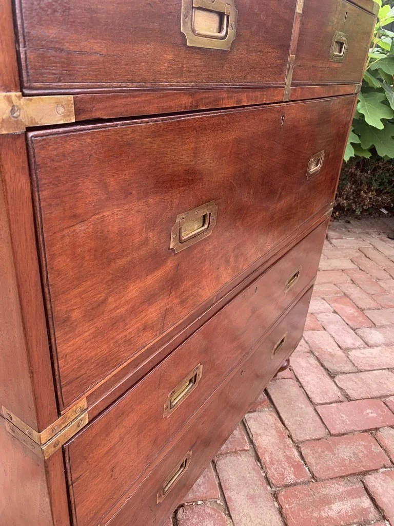 Victorian campaign chest drawer detail brass recessed handles chamfered plate hardware mahogany c.1890