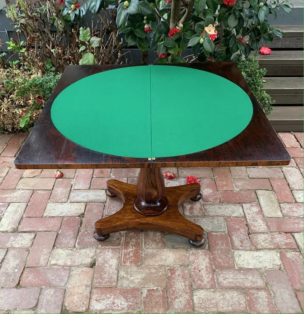 william iv rosewood card table in the open position showing green baize playing surface