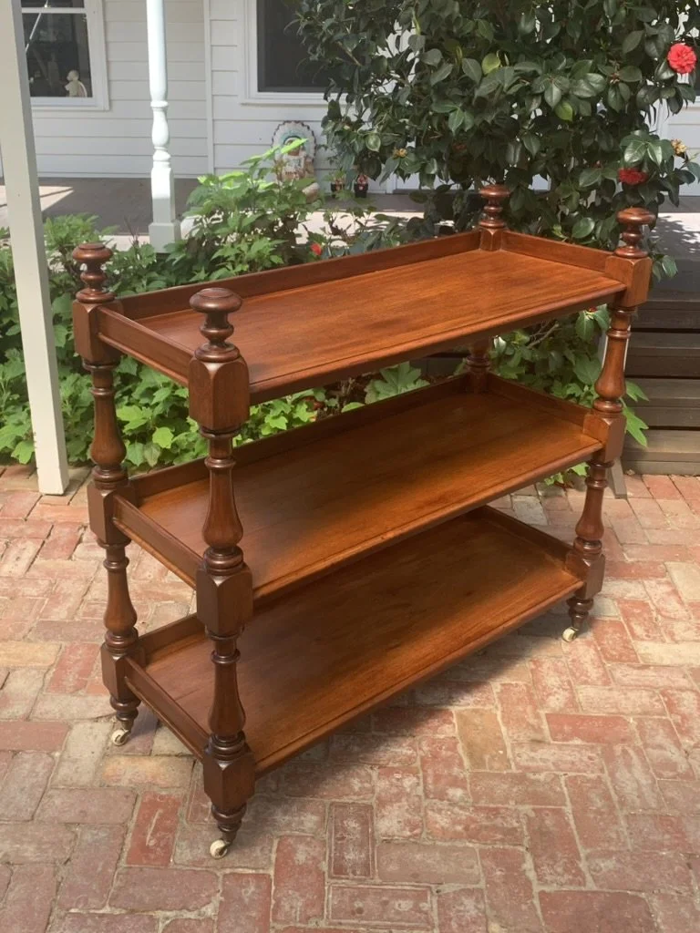 Victorian Colonial cedar three-tier serving stand C.1870, antique Australian dumb waiter, turned uprights, original porcelain castors