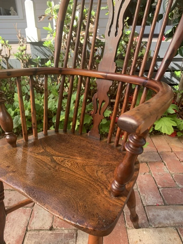Yew wood Windsor armchair arm and elm seat detail, turned supports, English C.1840