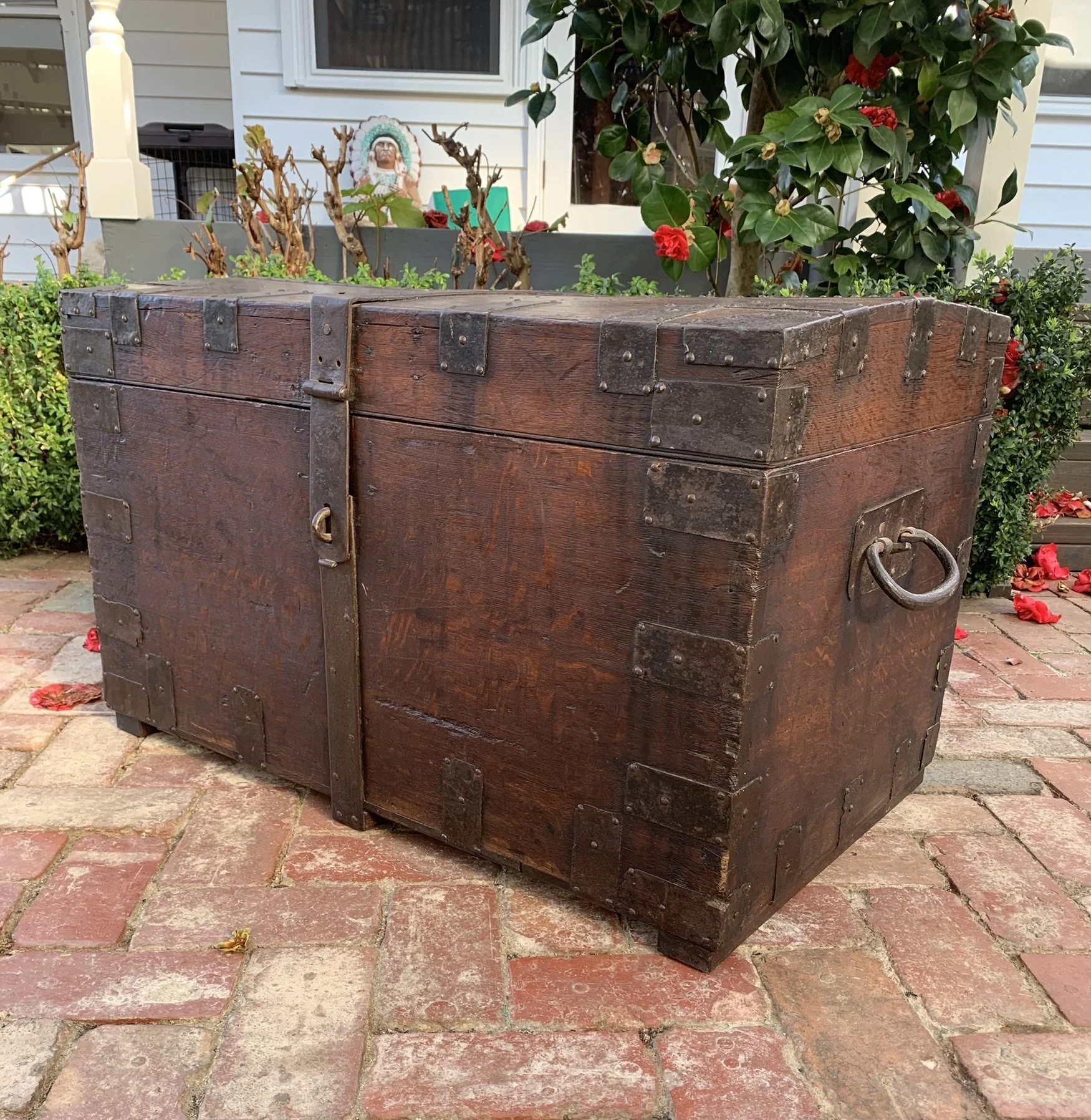 English Oak Iron-Bound Silver Chest Front View - Hasp Lock and Ring Handle, 19th Century