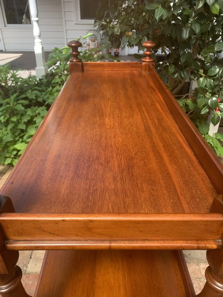 Victorian Colonial cedar three-tier serving stand C.1870, antique Australian dumb waiter, turned uprights, original porcelain castors