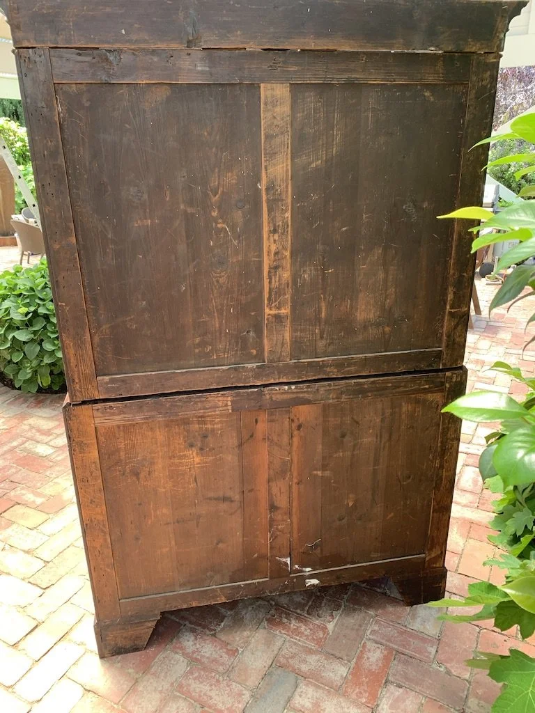 Georgian chest on chest pine back boards hand-sawn two-section back, antique mahogany England c.1790