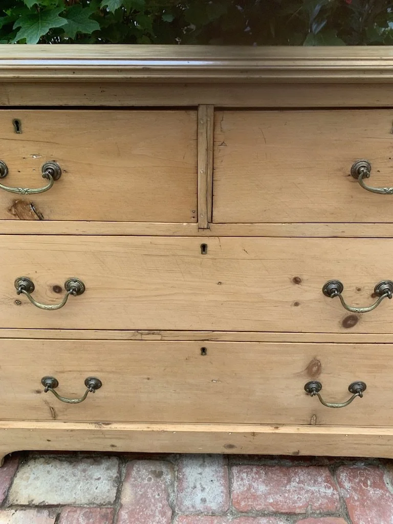 Detail brass swan-neck drawer handles and escutcheons Georgian pine chest