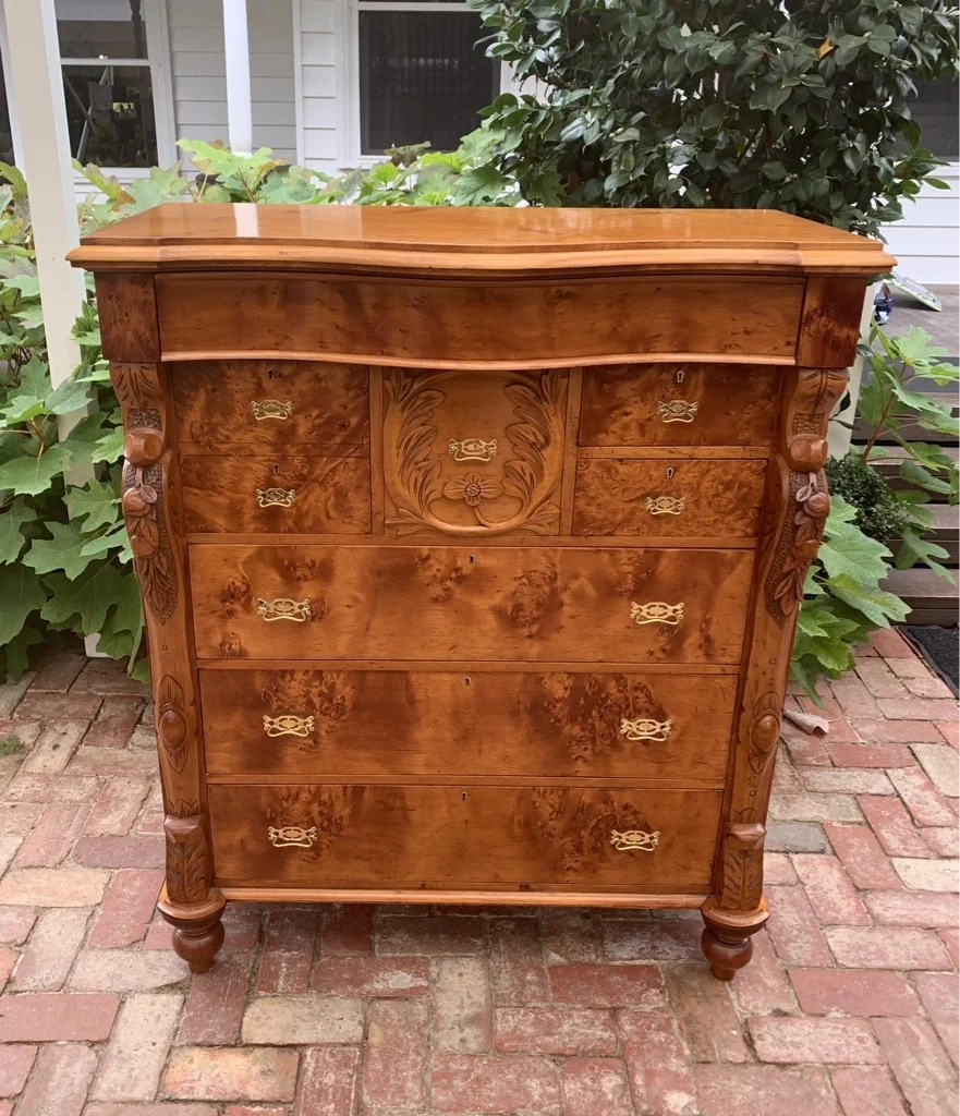 19th century Australian Huon pine tallboy chest front view brass handles bun feet