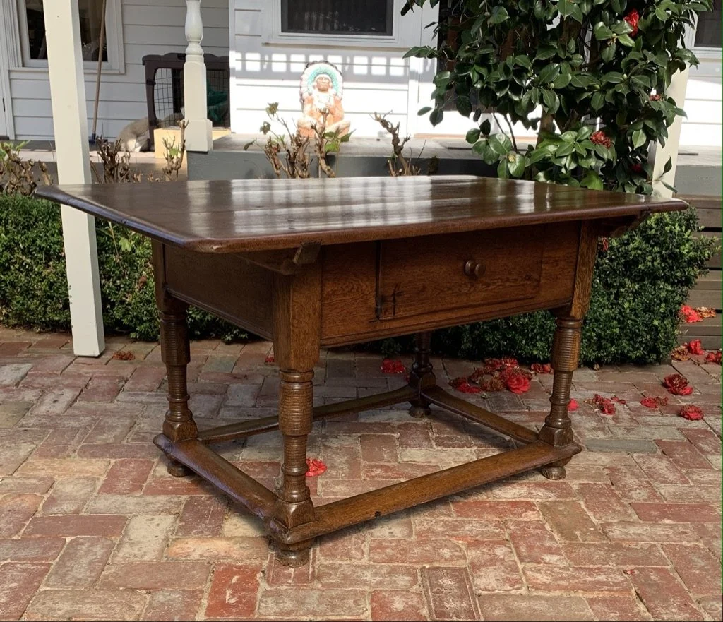 French Oak Tavern Table with single drawer, turned legs and box stretcher C.1800